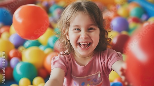A joyful child playing in a colorful ball pit, smiling and reaching out with excitement.