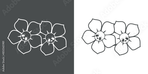 Logo de calavera humana en el medio de 2 flores para invitaciones y tarjetas de Halloween