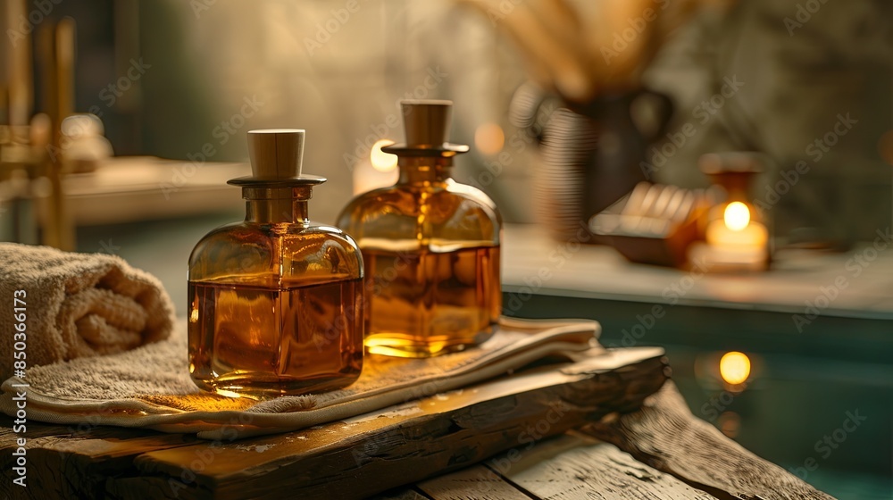 Bottle of massage oil, spa room decor Bottle of massage oil, spa room decor