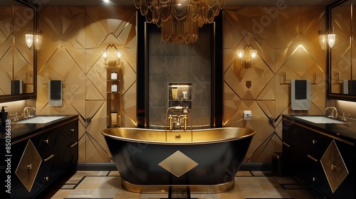 A grand washroom with a glamorous Art Deco design, featuring bold geometric patterns, a freestanding tub with gold accents, a double vanity with black and gold finishes, and elegant lighting fixtures. © Khuram