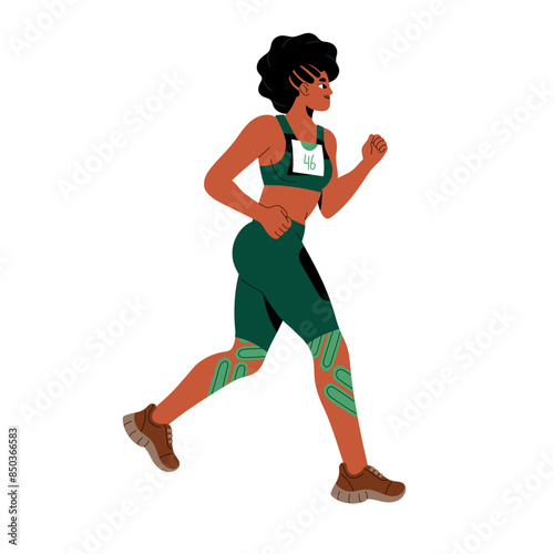 African American athlete training for marathon. Runner in sportswear jogging. Jogger running, does cardio workout. Happy woman cares about health, body, does sport. Flat isolated vector illustration