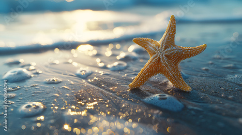 Starfish on the beach with ample copy space, world ocean day, Generative Ai