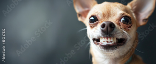 Close up photo of an angry grinning chihuahua showing his teeth against a gray background photo
