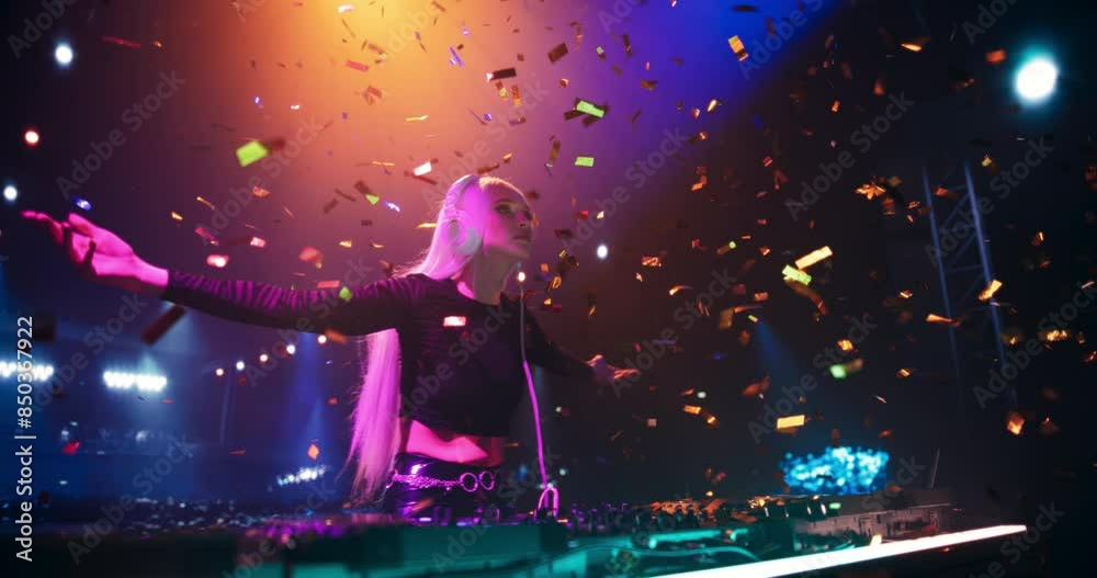 Creative Female DJ Energizing the Nightclub with Her Electronic Dance Music Performance. Pulsating Lights, Confetti and Beats Create an Energetic Atmosphere in the Club. Cinematic Footage