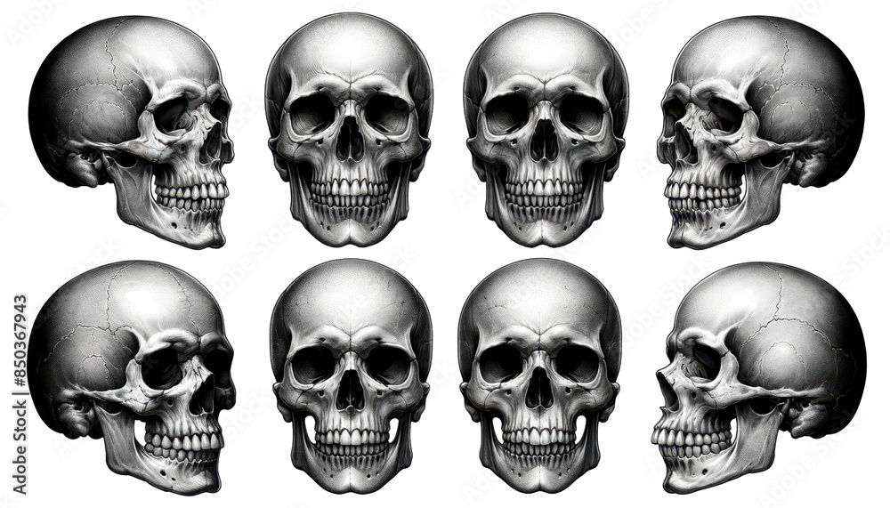 High-resolution image featuring a set of human skulls from multiple angles. Ideal for medical, educational, and artistic use. High-resolution image featuring a set of human skulls from multiple angles. Ideal for medical, educational, and artistic use.