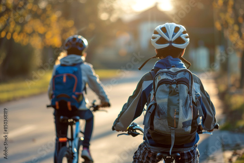 Boys in helmet riding bike with backpacks to school with sun rays in the background
