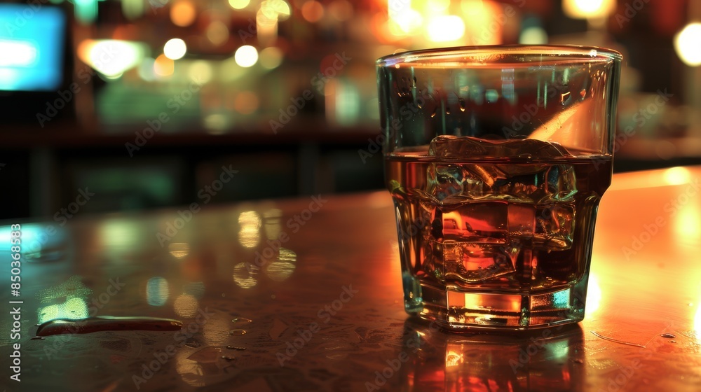 Warm ambiance with whiskey glass on bar counter Warm ambiance with whiskey glass on bar counter