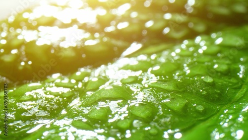 Billede på lærred A macroscopic marvel: a verdant leaf bedecked with glistening droplets