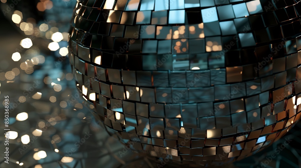 Obraz premium Macro shot of a mirror ball, tiny mirrored tiles, scattered reflections, party lighting. 