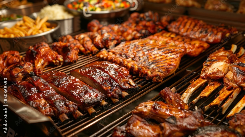 A barbecue buffet with a variety of grilled chicken parts, ribs, and sides on display A barbecue buffet with a variety of grilled chicken parts, ribs, and sides on display