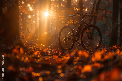 Fototapeta Naklejka Na Ścianę i Meble -  Bicycle in the forest. Autumn bike trail in the forest with sunset
