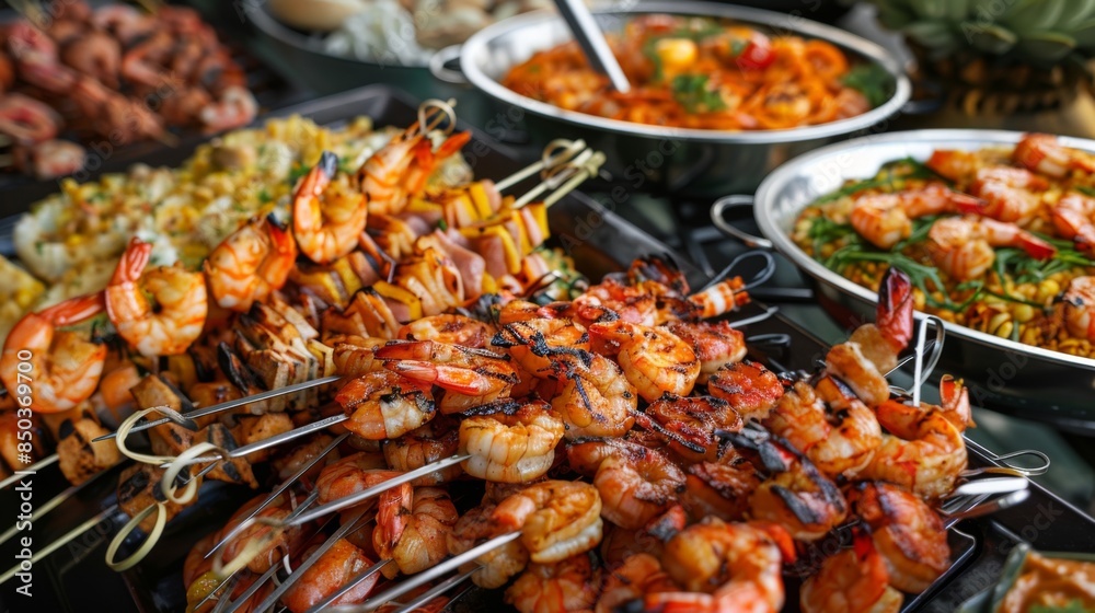 A barbecue buffet with a variety of grilled shrimp dishes, including skewers and grilled shrimp cocktails