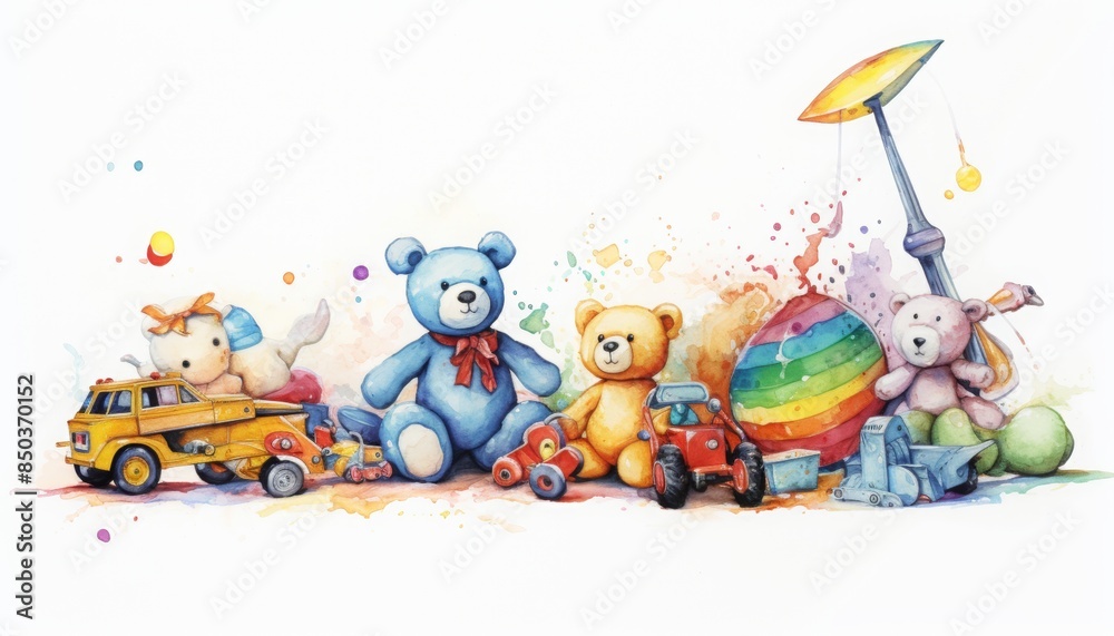 a black distressed rectangle with toys as the edges, with a white background, painted watercolor illustration style a black distressed rectangle with toys as the edges, with a white background, painted watercolor illustration style