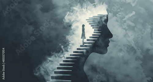 Silhouette de femme montant un escalier dans un profil de visage