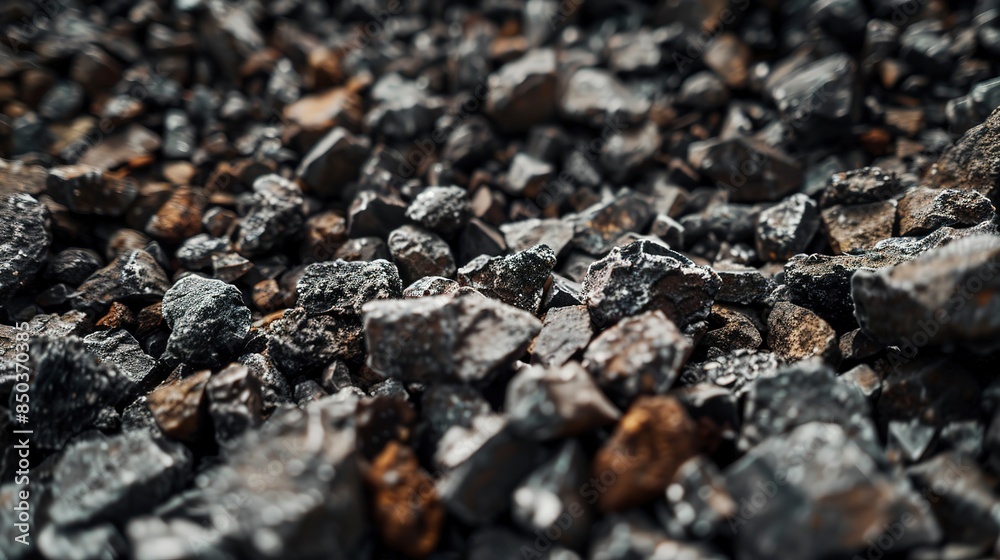 Macro shot of road gravel, rough and angular, gray and brown hues, sharp detail.