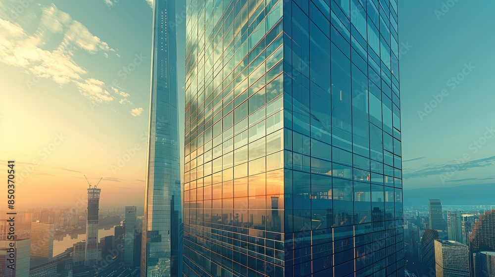 A modern skyscraper reflecting the cityscape around it, showcasing contemporary urban architecture. Generative AI.