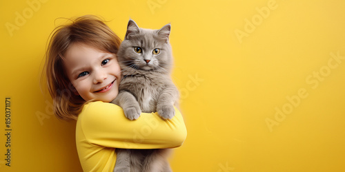 A Child girl in a yellow shirt hugs his pet black kitten cat. child smiles. Copyspace