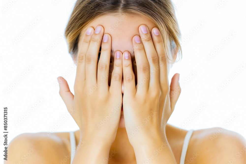Picture of woman covering face with hands Picture of woman covering face with hands