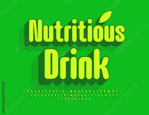 Vector eco concept Nutritious Drink. Elegant Green Font. Artistic 3D Alphabet Letters and Numbers set.
