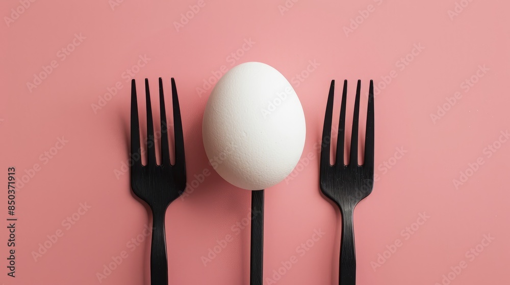 White egg on two black forks on pink surface White egg on two black forks on pink surface