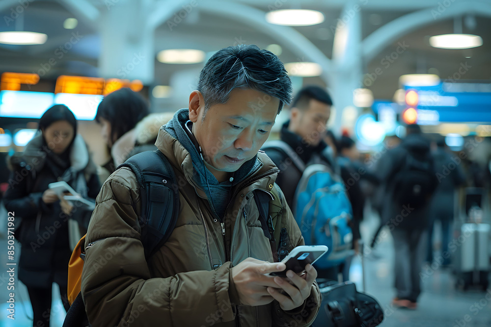 Passengers using mobile devices to check flight information and navigate the airport Passengers using mobile devices to check flight information and navigate the airport