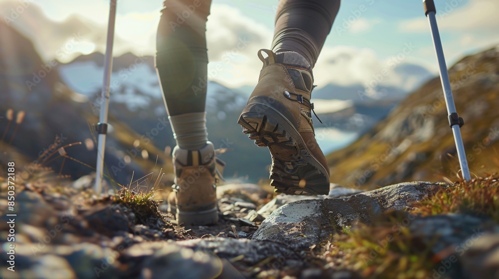 Close up of hikers legs and hiking boots on mountainous terrain. Adventure and outdoor exploration concept. Close up of hikers legs and hiking boots on mountainous terrain. Adventure and outdoor exploration concept.