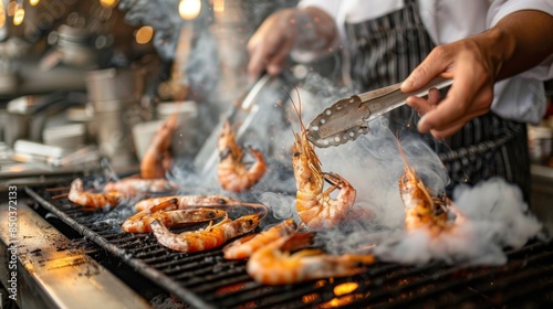 A chef grilling Cajun-spiced shrimp on a charcoal grill, emitting smoke and aromatic flavors