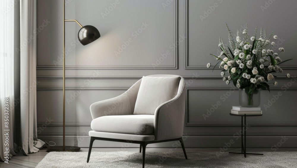 modern armchair in an elegant room with gray walls and soft lighting modern armchair in an elegant room with gray walls and soft lighting