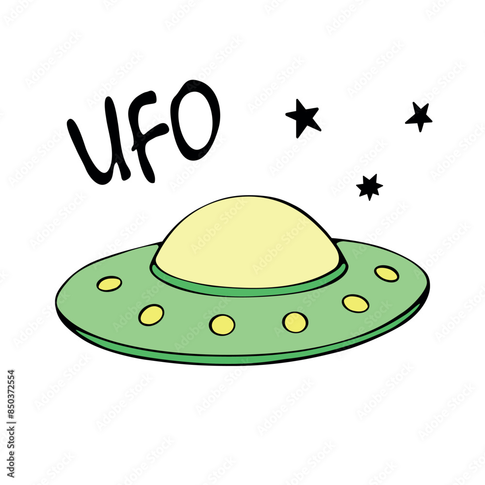 Flying saucer, spaceship icon in sketch cartoon style. Color design element on the theme of UFO, space, aliens. Hand drawn doodle vector illustration. Flying saucer, spaceship icon in sketch cartoon style. Color design element on the theme of UFO, space, aliens. Hand drawn doodle vector illustration.