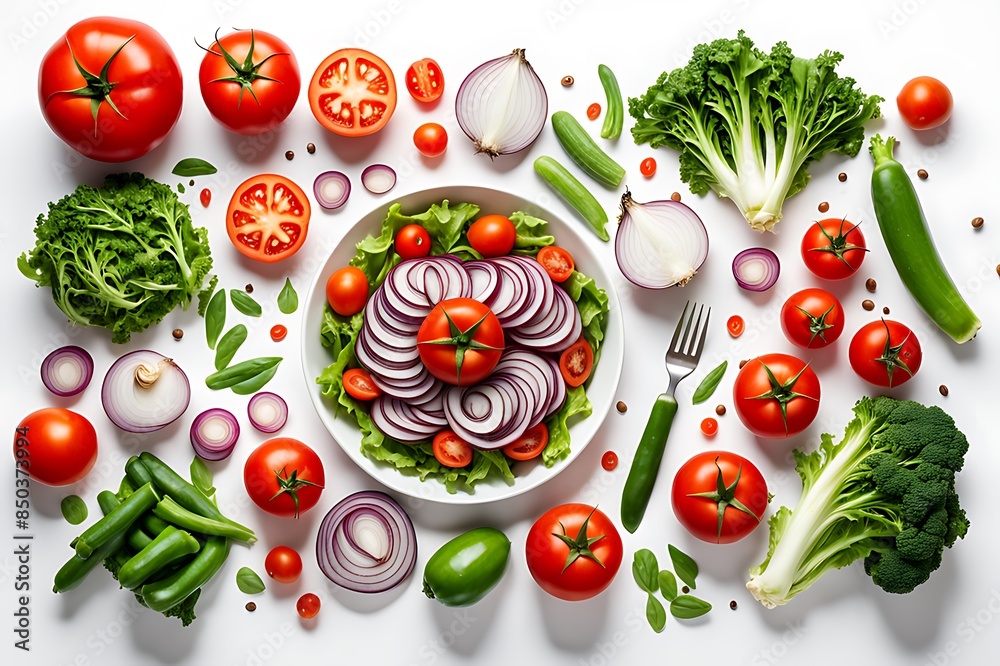 Fresh Vegetables Assorted on a White Background - Healthy Eating Concept with Tomatoes, Green Salad, Onions, and Organic Ingredients for a Vegetarian Diet
Fresh Vegetables Assorted on a White Background - Healthy Eating Concept with Tomatoes, Green Salad, Onions, and Organic Ingredients for a Vegetarian Diet