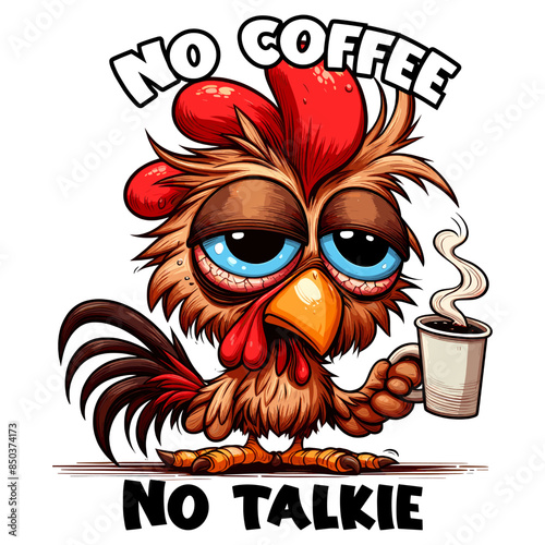 Cute cartoon rooster with cup of coffee. Vector illustration.