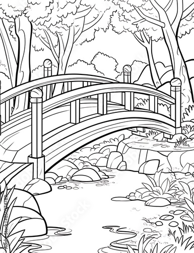 Small Bridge in the Park Landscape – Zen-Tangle Style Antistress Coloring Book for Children and Adults, Hand-Drawn Illustration
