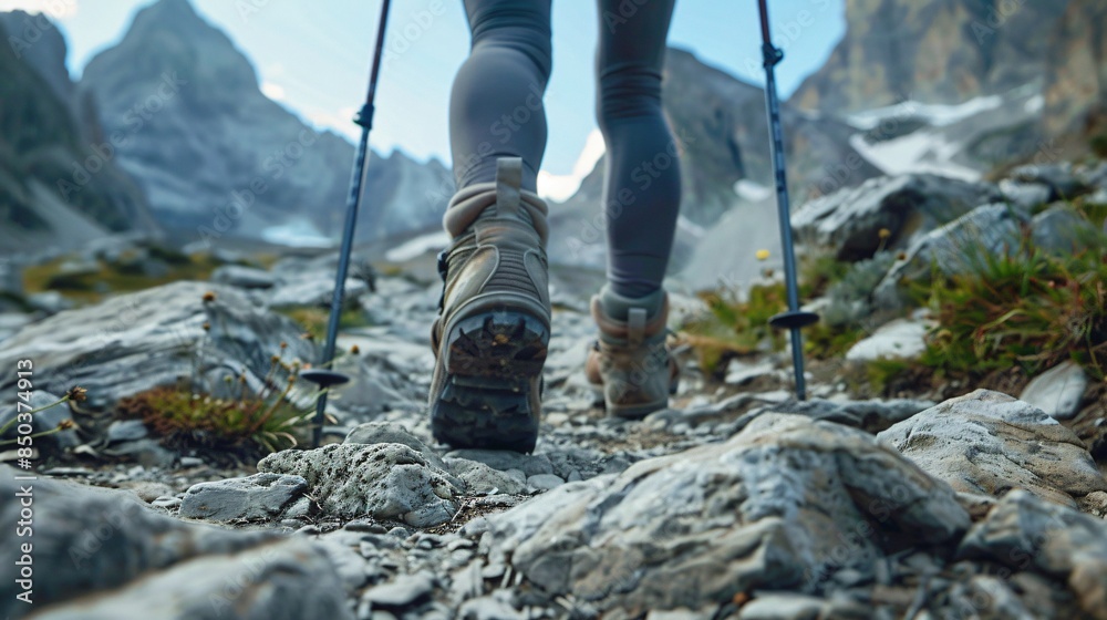 Close up of hikers legs and hiking boots on mountainous terrain. Adventure and outdoor exploration concept. Close up of hikers legs and hiking boots on mountainous terrain. Adventure and outdoor exploration concept.