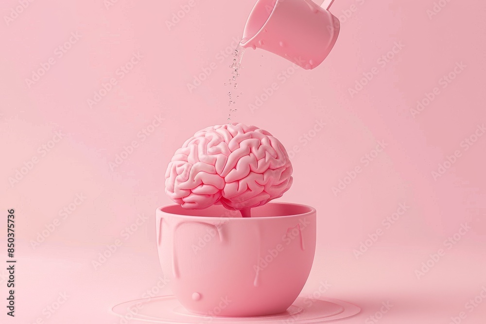 Pink brain-shaped mug being filled with water splashes on a pastel background Pink brain-shaped mug being filled with water splashes on a pastel background