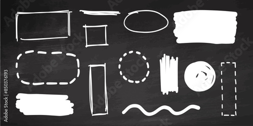 Hand-draw vector doodle frame set on chalkboard background.  Scribble elements. Circle, box, oval, square, wave, line, rectangle. Brush pen, line stroke