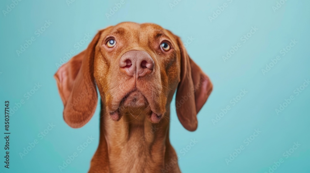Portrait of Hungarian Vizsla dog in studio with pastel blue background Portrait of Hungarian Vizsla dog in studio with pastel blue background