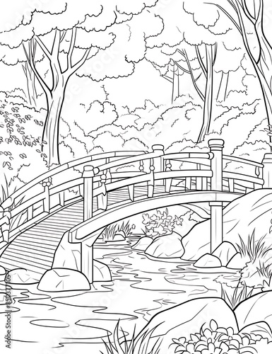 Small Bridge in the Park Landscape – Zen-Tangle Style Antistress Coloring Book for Children and Adults, Hand-Drawn Illustration
