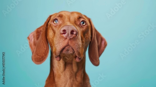 Wallpaper Mural Portrait of Hungarian Vizsla dog in studio with pastel blue background Torontodigital.ca