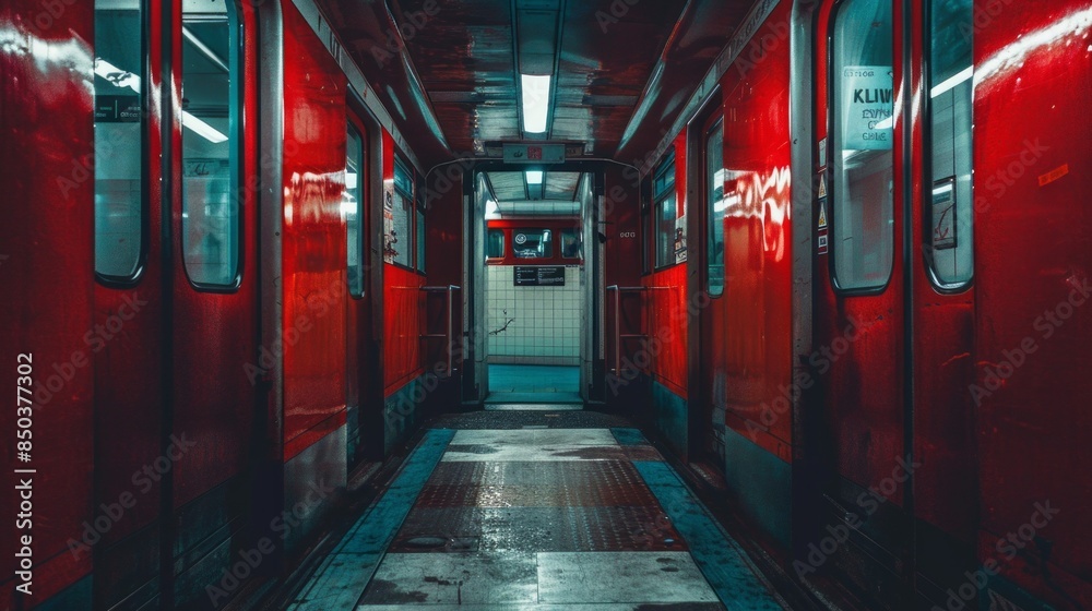 A red subway train with a sign on the wall that says A red subway train with a sign on the wall that says