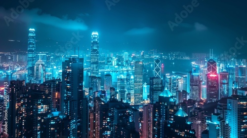 Wallpaper Mural A futuristic city skyline with skyscrapers illuminated at night, showcasing advanced urban technology Torontodigital.ca