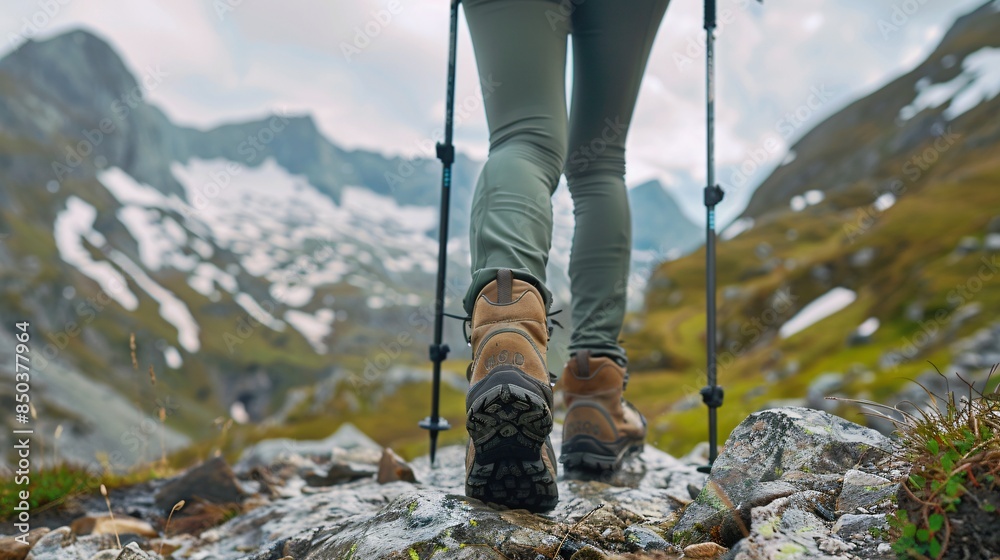Close up of hikers legs and hiking boots on mountainous terrain. Adventure and outdoor exploration concept. Close up of hikers legs and hiking boots on mountainous terrain. Adventure and outdoor exploration concept.