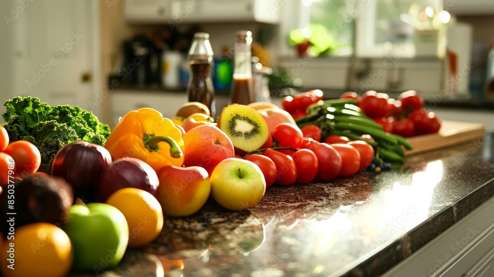 A healthy diet concept with a variety of fresh fruits and vegetables arranged on a kitchen counter A healthy diet concept with a variety of fresh fruits and vegetables arranged on a kitchen counter