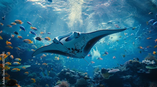 A large manta ray is swimming in a school of fish