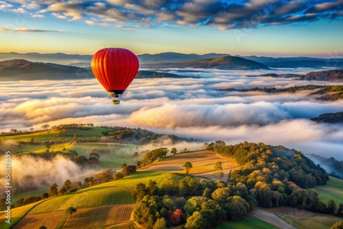 Red hot-air balloon flying over the hills and mountains above the clouds, awesome landscape view, Melbourne, Australia, Yarra Valley