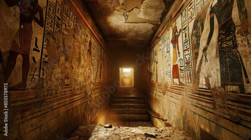 An ancient Egyptian tomb with hieroglyphs on the walls and a staircase leading down into the darkness.