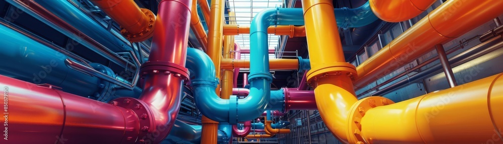 Detailed view of a hightech cooling system, colorful pipes and connectors, sleek and modern industrial design Detailed view of a hightech cooling system, colorful pipes and connectors, sleek and modern industrial design