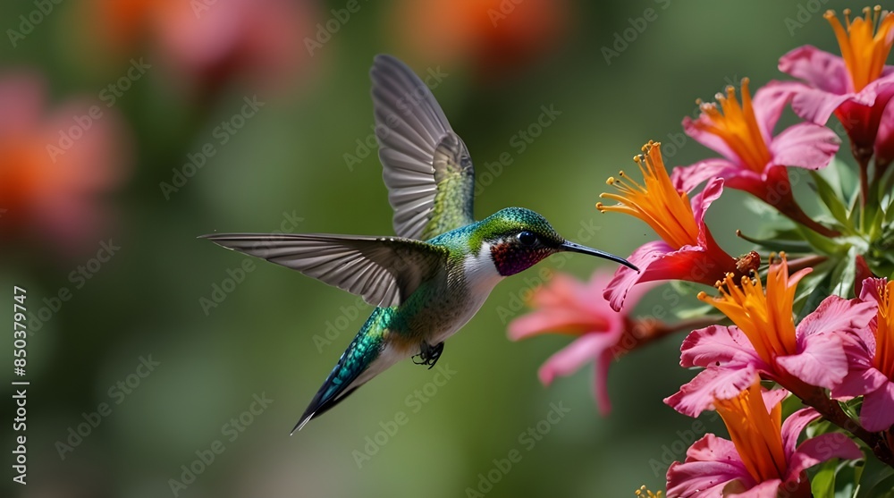 Fototapeta premium beautiful vibrant colored humming birds flying and aim.generative.ai 