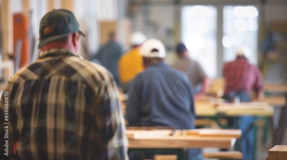 Blurred class of woodworkers learning the trade indoors Blurred class of woodworkers learning the trade indoors