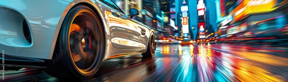 Fototapeta premium Streetlevel view of vehicles speeding through a city, motion blur emphasizing velocity and bustling city life, focusing on a white cars wheel