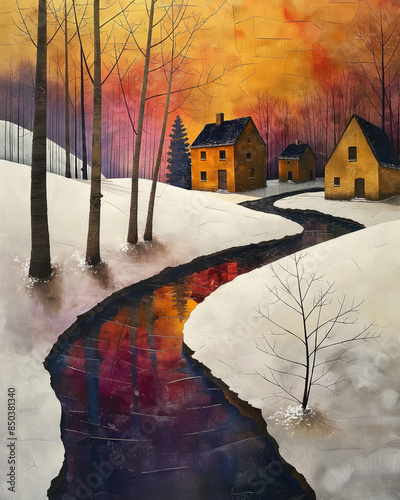 Cozy Winter Village Scene with Colorful Sunset and Snow Covered Landscape. photo